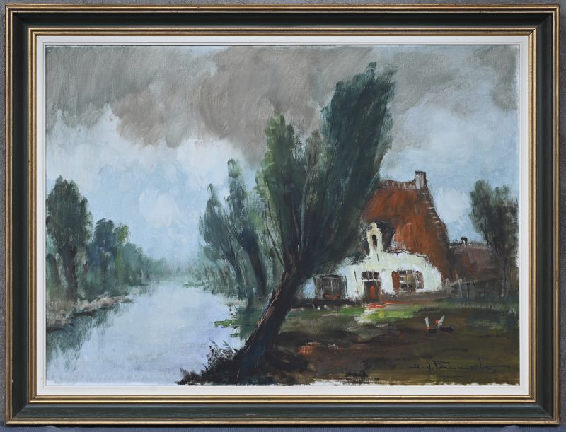 “Hoeve aan de beek”, een schilderij, olieverf op doek, gesigneerd H.J. Pauwels.