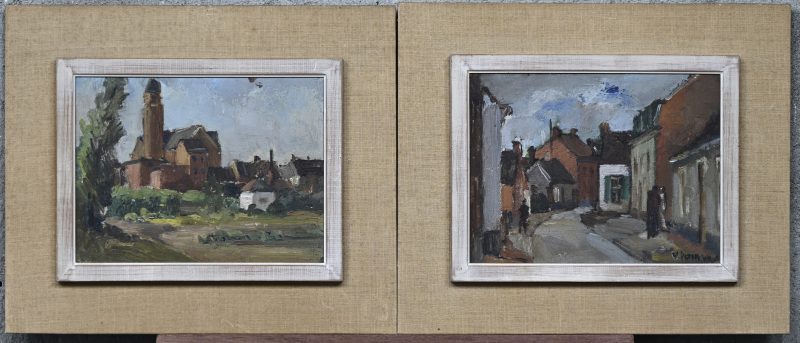 “Zichten op Lier”, een lot van 2 landschapsschilderijtjes, olieverf op board waarvan één gesigneerd.