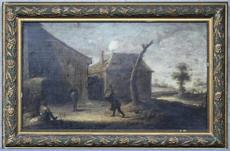 “Het kegelspel”, een schilderij, olieverf op doek in deels vergulde kader, naar David Teniers.