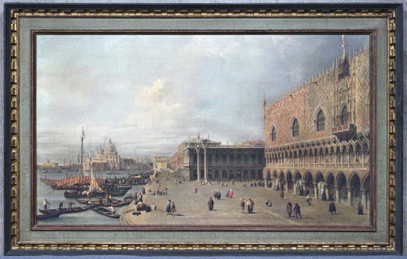 “Doge’s palace in Venetië”, een druk op doek met vernislaag. in deels groene en deels vergulde kader.