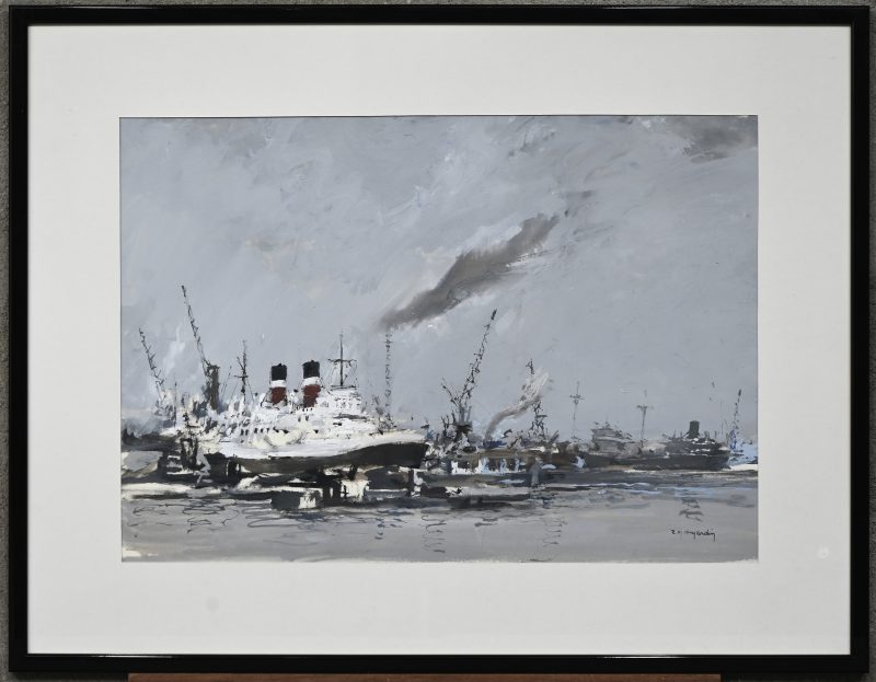 “Havenzicht met stoomboot”, een schilderij, aquarel en gouache op papier, gesigneerd R.M. Dujardin.