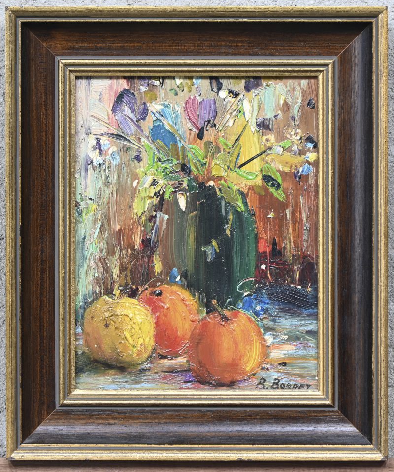 “Stilleven met fruit en bloemenvaas”, een schilderij, olieverf op paneel, gesigneert R. Bonnet.