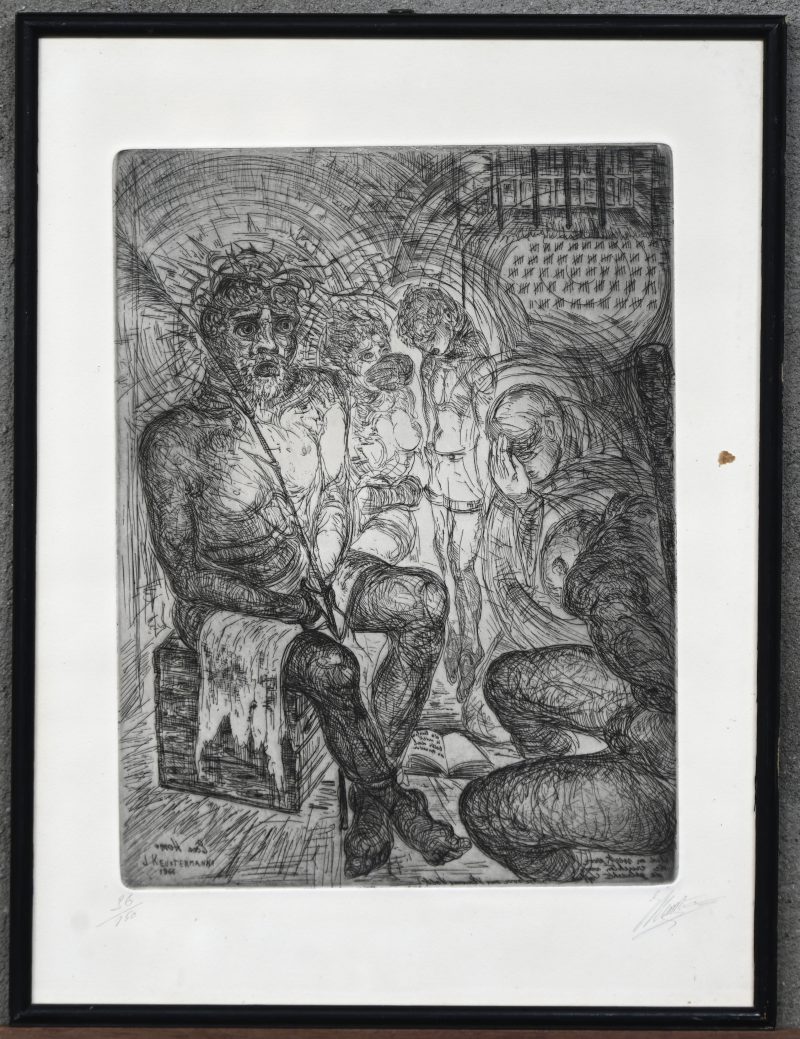 “Christus op de koude steen”, een lithografie, gesigneerd J. Keustermanns en gedateerd 1966, tekst in spiegelbeeld, buiten de plaat gesigneerd en genummerd 36/150.