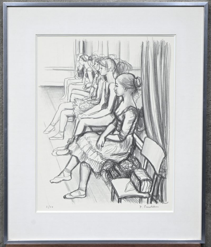 “Jonge Ballerina’s”. Een litho op papier, onderaan buiten de plaat gesigneerd  en genummerd 2/60.