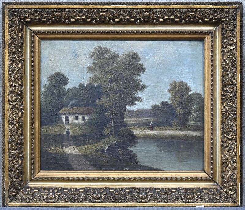 “Heidezicht met huisje aan het water”, een schilderij, olieverf op doek, gesigneerd ‘Leon’. Stempel van een anker in de kader.