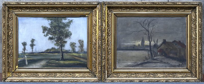 “Landschappen”, een lot van 2 schilderijen, olieverf op doek in vergulde kader, onleesbaar gesigneerd.