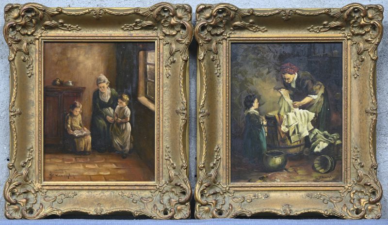 “Interieur met oma”, een lot van 2 schilderijen, olieverf op paneel in vergulde kader, beide gesigneerd J.C. Verburgh.