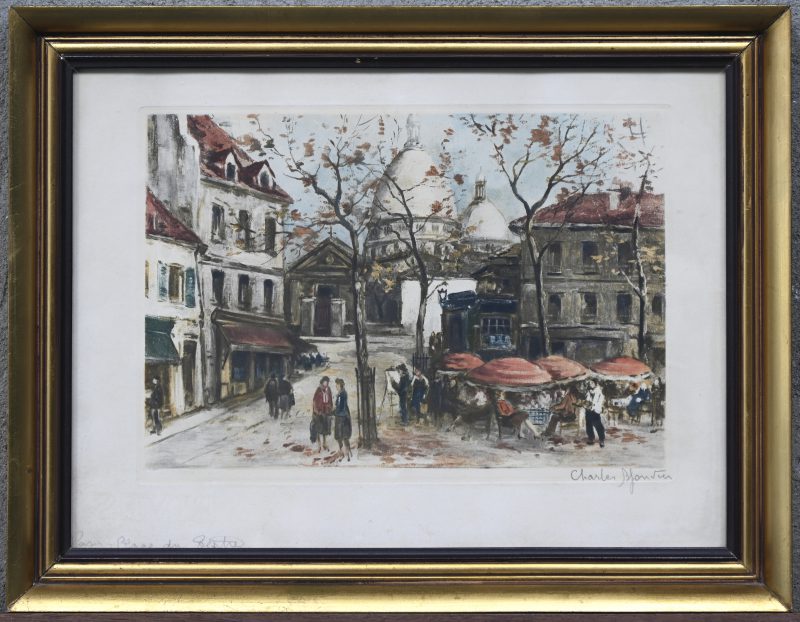 “Paris Place du Tertre”. Een litho op papier, onderaan buiten de plaat gesigneerd en getiteld.