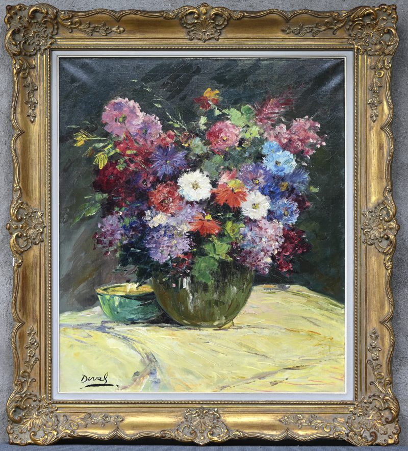 “Bloemenstilleven”, een schilderij, olieverf op doek, gesigneerd Duval.