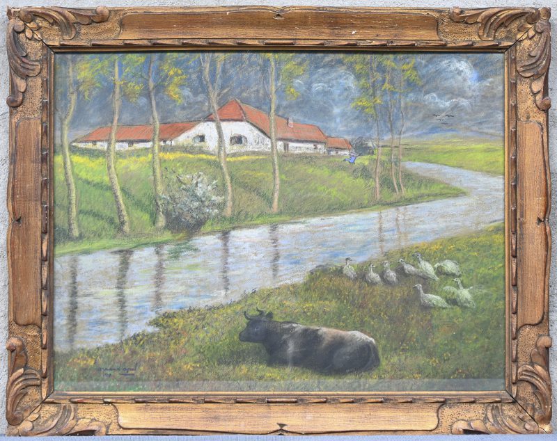 “Hoevezicht bij beek, met koe en eenden.” Pastel op papier. Gesigneerd en gedateerd 1917.