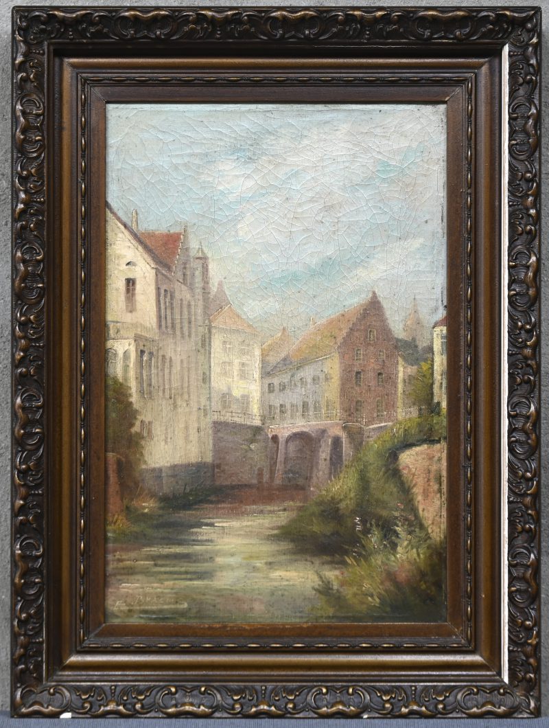 “IJzerbrug, Diksmuide”. Een schilderij, olieverf op doek, onderaan gesigneerd.