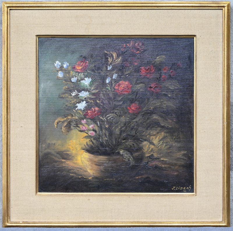 “Bloemstilleven”. Een schilderij, olieverf op doek, onderaan gesigneerd gedateerd ‘74.