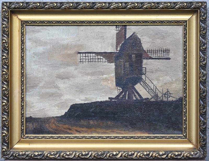 “Molenzicht”. Een schilderij, olieverf op doek, onderaan gesigneerd.