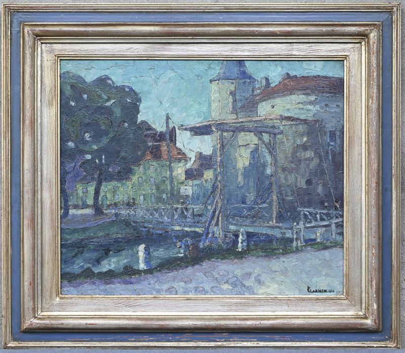 “Zicht op de ophaalbrug”. Een schilderij, olieverf op doek, onderaan gesigneerd en gedateerd 1929.