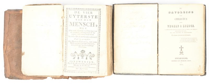 “De Vier Uyterste van den Mensch”, “met eene voor-afgaende beschryvinge van de kortheyd, ellendigheyd, en het oogwit van 't menschelyk leven”. Een boek door J.H. Heyliger, t’Antwerpen, 1754. Bijgevoegd “De navolging van Christus” door “Thomas A Kempis”, 1855.