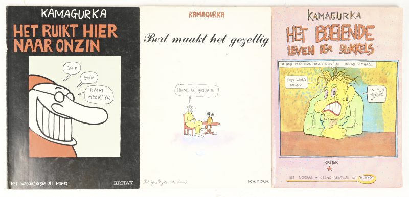 “Het ruikt hier naar onzin”. Ed. Krital 1978, tweede druk. “Bert maakt het gezellig”. Ed. Kritak 1979, eerste druk. “Het boeiende leven der sukkels”. Ed. Kritak 1980, eerste uitgave. Drie albums, softcover.