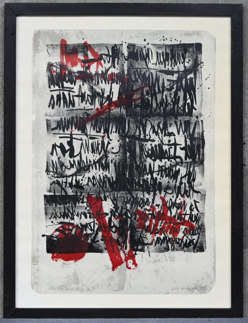 “Abstract expressief”, een litho op papier, gesigneerd Charles Van Gisbergen en gedateerd 1976.