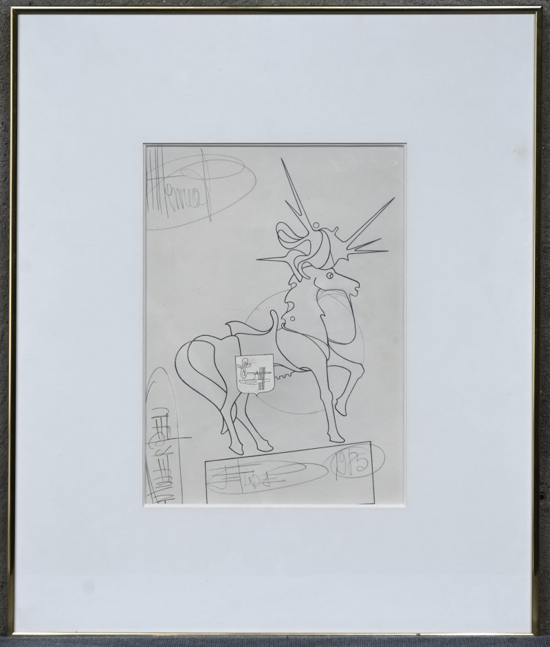 Studie over het thema ‘La Licorne’, een tekening, potlood op papier, onleesbaar gesigneerd en gedateerd 1985.