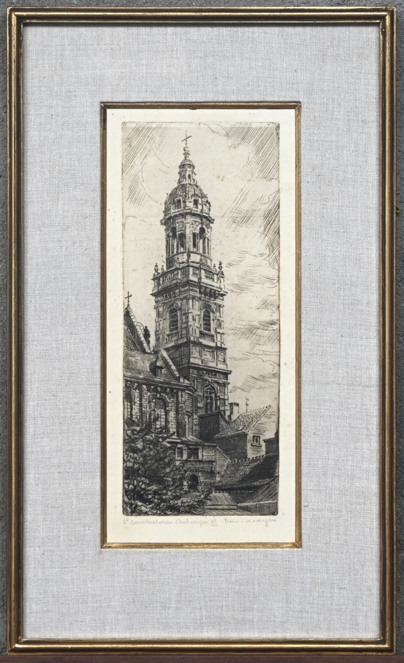 “St Carolustoren, Antwerpen”. Een ets op papier, onderaan buiten de plaat gesigneerd en genummerd 62/100.