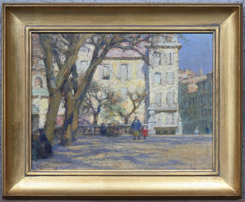 “Op het stadsplein”, een schilderij, olieverf op paneel, gesigneerd Edg. Farazyn.