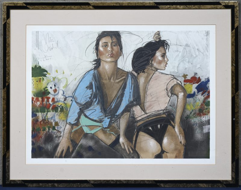 “2 dames”. Een litho op papier, bovenaan gesigneerd en genummerd.