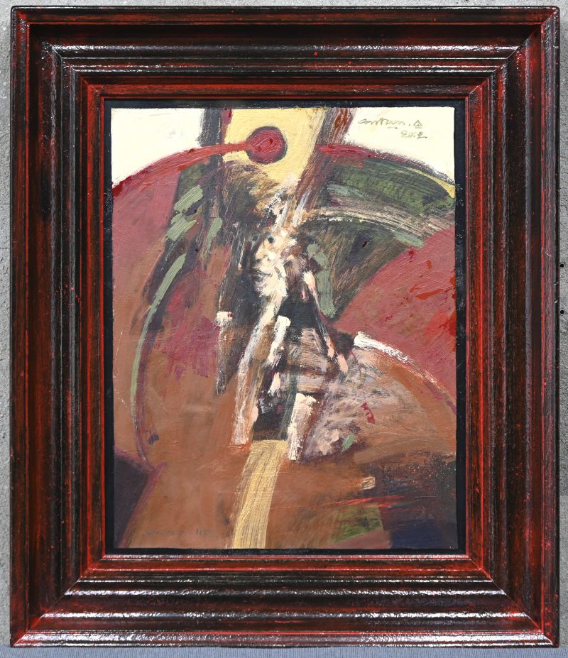 “Geabstraheerd gelaat”. Een schilderij, olieverf op paneel, bovenaan gesigneerd “Antoon 2002”.