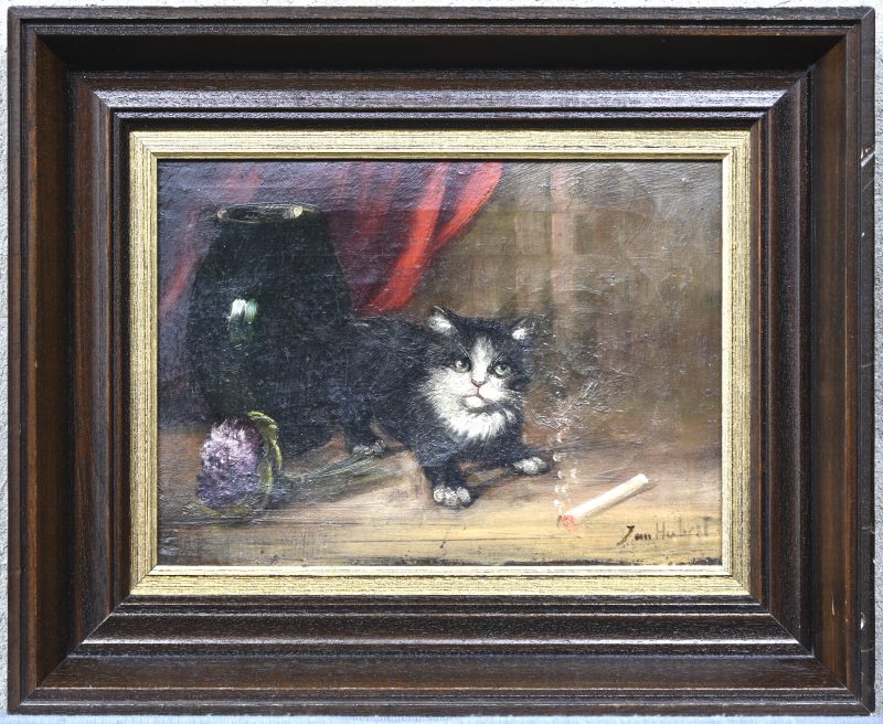 “Stilleven met kitten”. Een schilderij, olieverf op doek, onderaan gesigneerd.