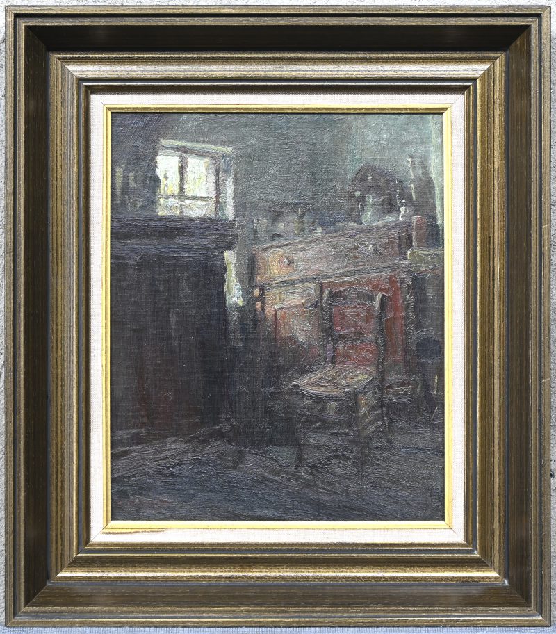 “Kamer stilleven”. Een schilderij, olieverf op paneel, onderaan gesigneerd.