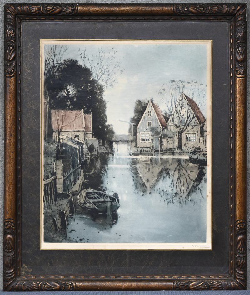 “Reflecties in het kanaal”, een kleurenlitho, gesigneerd buiten de plaat H. Cassiers.