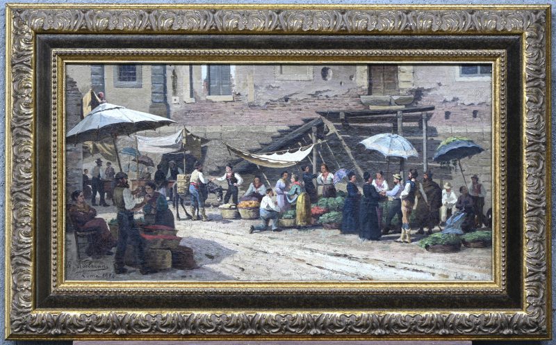 “Marktscene te Rome”, een schilderij, olieverf op doek (herdoekt), draagt handtekening.