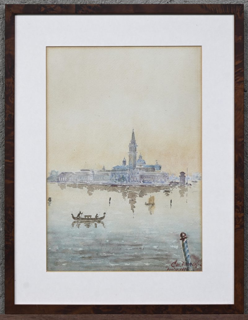 “Zicht op Venetië”, een aquarel, gesigneerd Em. Vereecken en gedateerd 1895