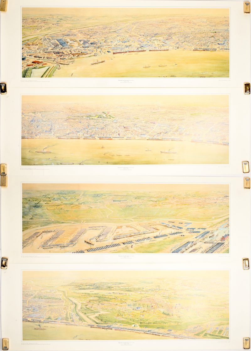 Een lot van 4 litho’s. “Panorama van Antwerpen”, Hypsos 1914, Nationaal Scheepvaartmuseum, uitgave bij “Waar is de tijd, Antwerpen 20e eeuw”.