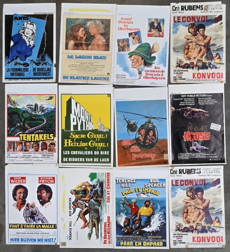 Een lot van 13 oude film affiches in Nederlandse en Franse vertaling: ‘Graaf Dracula in Oberbayern.’, Monty Python and the Holy Grail x2, ‘Hanky Panky (Gene Wilder, Gilda Radner), Stir Crazy (Gene Wilder, Richard Pryor), ANTS!, TENTACLES, Bud Spencer & Terence Hill: ‘The crocodile and his hippo.’, Odds and Evens. Convoy x 2, Blue Lagoon, ‘House’.