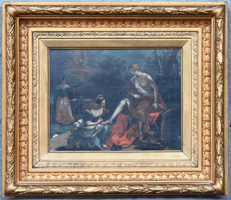 “Edeldame met kamermeid”, een schilderij, olieverf op paneel in vergulde kader, 19e eeuws, niet gesigneerd.