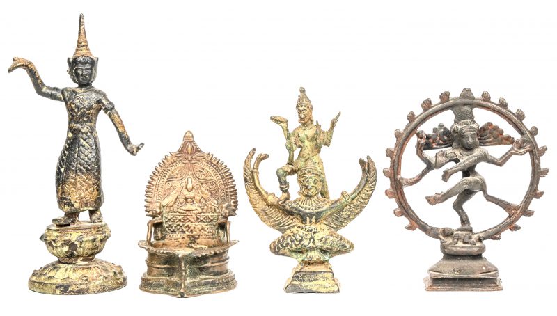 Een lot van 4 Aziatische beeldjes in brons, bestaande uit een Vishnu met garuda, een Shiva, Thaise tempeldanseres en een troon als olielampje.