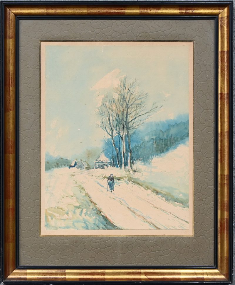 “Sneeuwlandschap”, waterverf op papier, onleesbaar gesigneerd.