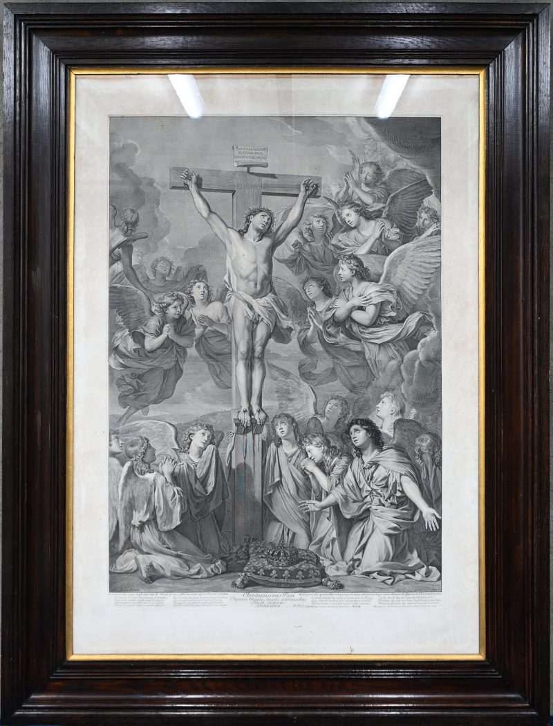 “Christus aan het kruis.” Grote gravure door Gerard Edelinck, C. Le Brun Pinxit. Afkomstig uit een kerk. “Christanissimo Regi. Dignum mundo, Angelis exomnibus, oculis, Christi Speciatum”.