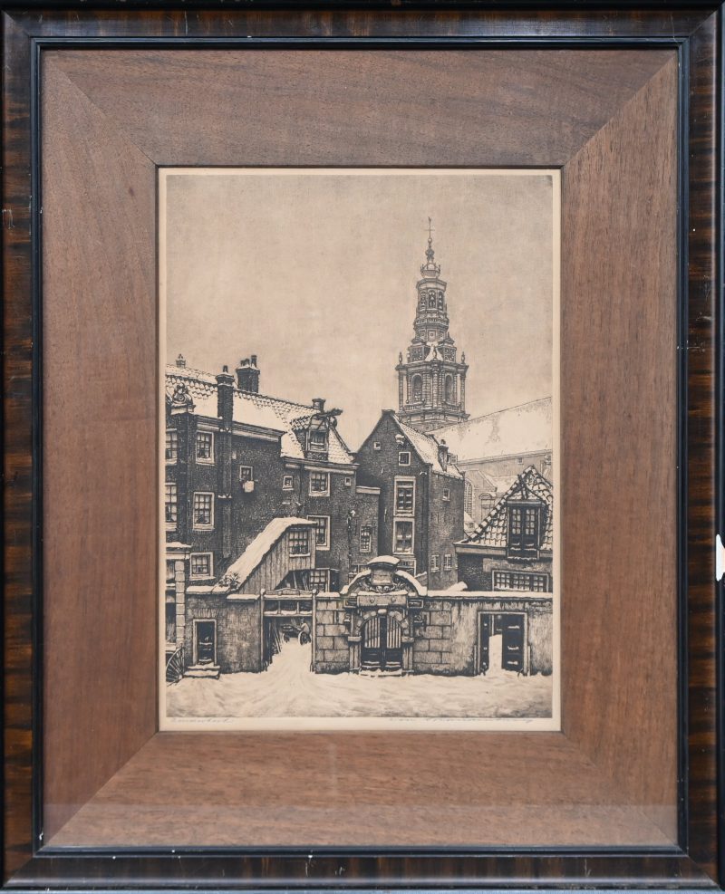 “Amsterdams zicht.” Gravure. Buiten de plaat gesigneerd.