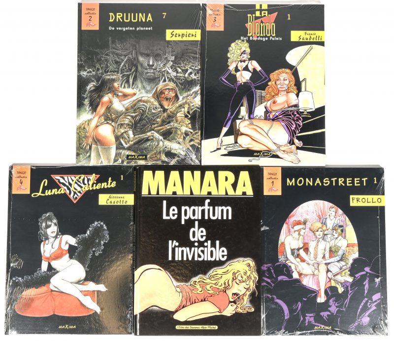 Een lot van 5 erotische strips met hardcover bestaande uit: Manara, Le parfum de l’invisible (franstalig), Monastreet 1, Luna Caliente 1, La Blonda -  Het bondage paleis en Druuna 7 - De vergeten planeet.