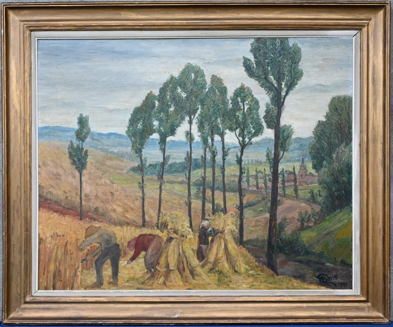 “Graanoogst met hooischoven”, een schilderij, olieverf op doek in vergulde kader. Gesigneerd G. Smits en gedateerd 1941.