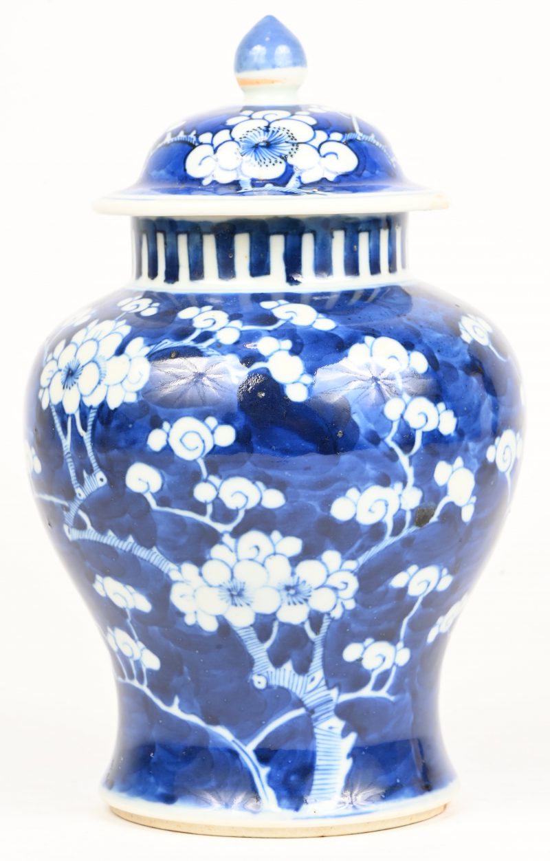 Een kleine Chinees porseleinen dekselvaas, blauw wit decor. Dubbele cirkel onderaan.