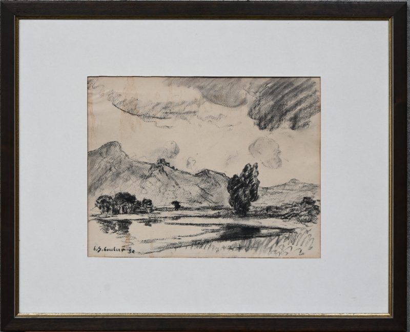 “Berglandschap”, een tekening, houtskool op papier, onleesbaar gesigneerd.