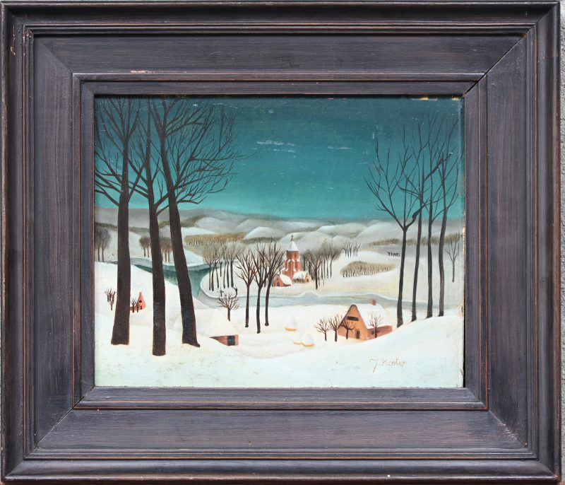 “Winterlandschap”, een schilderij, olieverf op paneel, gesigneerd J. Koster.