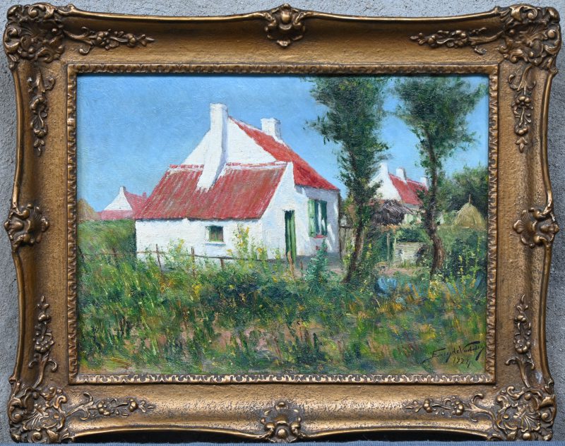 “Zonnige hoeve”, een schilderij, olieverf op paneel, gesigneerd Franz De Vadder en gedateerd 1924.