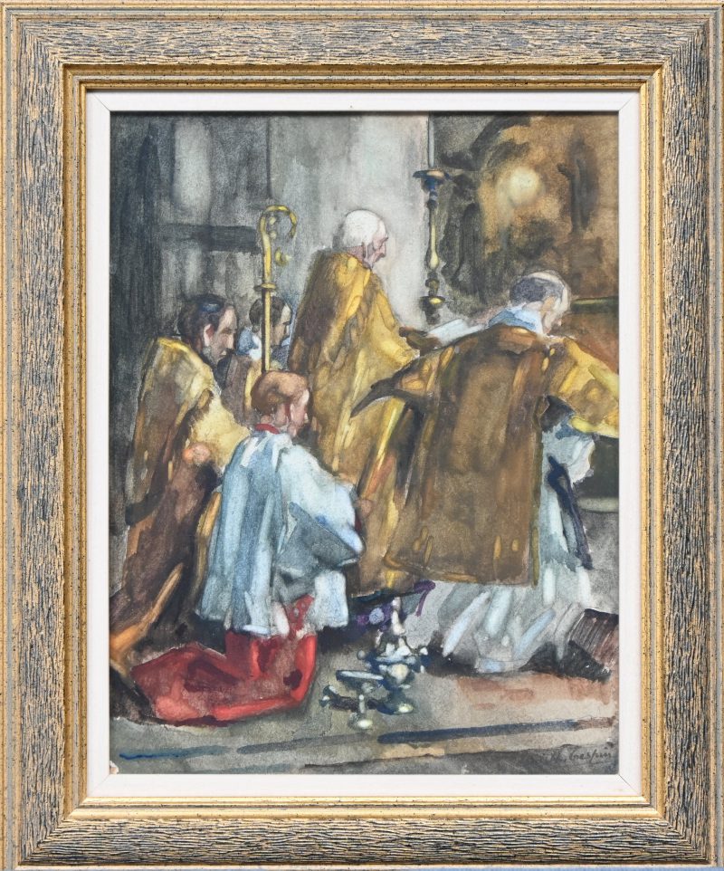 “Salut Pontifical”, een aquarel, gesigneerd vooraan en getiteld achteraan.