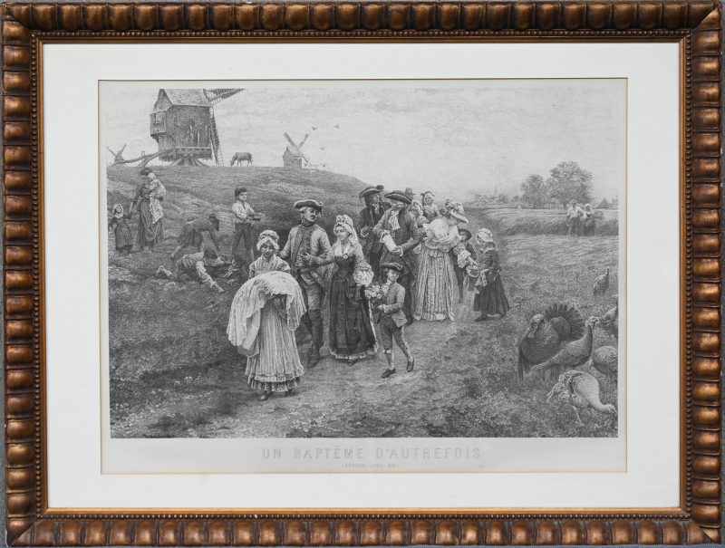 “Un baptême d’Autrefois”. Litho. Gesigneerd in de plaat.