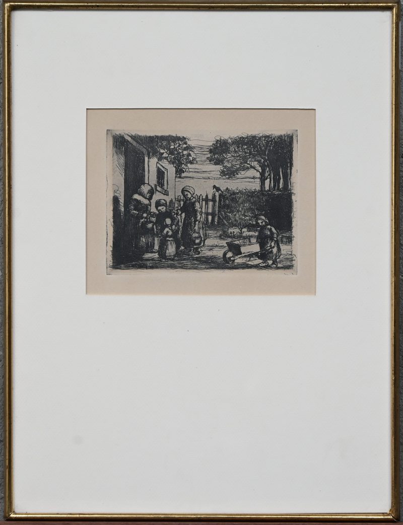 “Kinderen in de tuin”. Gravure. Niet gesigneerd.