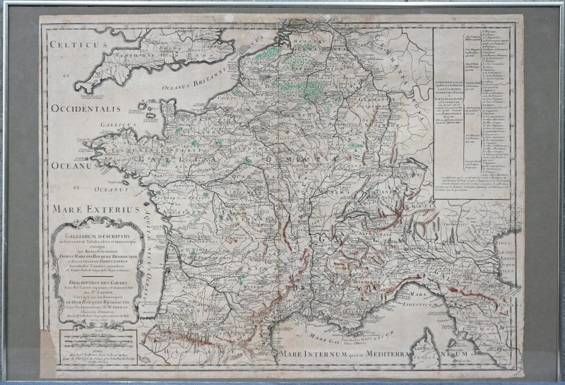 “Galiarum Descriptio”. Landkaart van Gallië. Ed. Robert, Paris 1738. Naar Sanson.