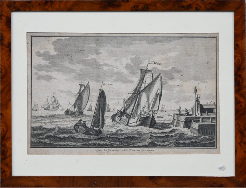 “Een Gaffelschuit in de haven van Harlingen”. Gravure.