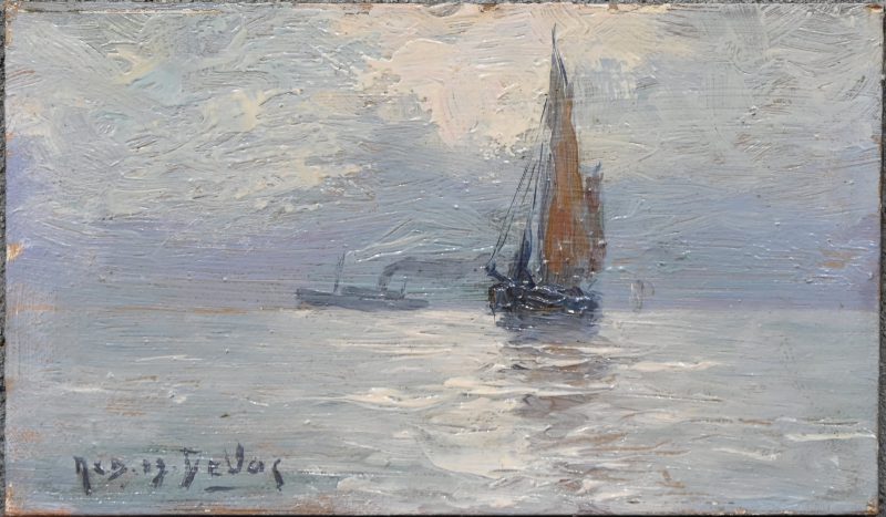 “Maritiem zicht”, een schilderij, olieverf op paneel, gesigneerd DeVos.